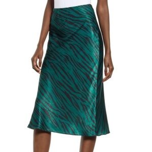 Socialite Zebra Bias Cut Satin Midi Skirt Green XS